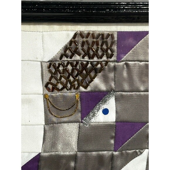 Vtg Satin Half Square Triangle Elephant Embellished Framed Textile Art - Picture 3 of 10